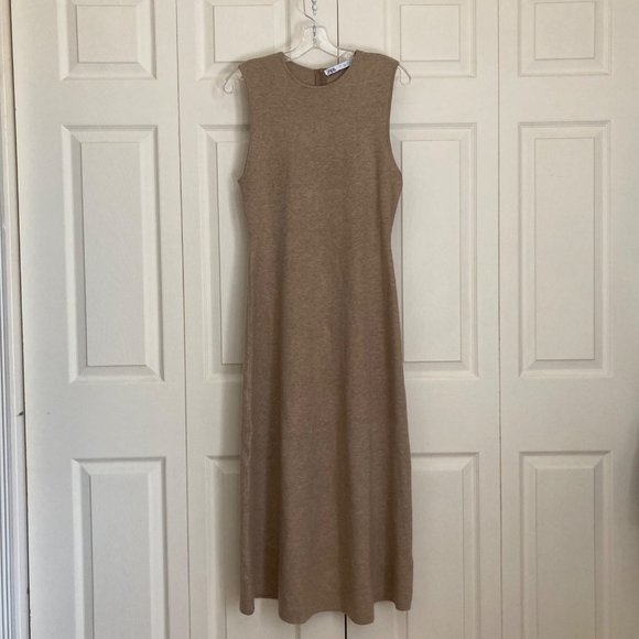 Zara Dresses & Skirts - Zara Knit Midi Dress Beige Sleeveless Dress Neutral Tan Size Large